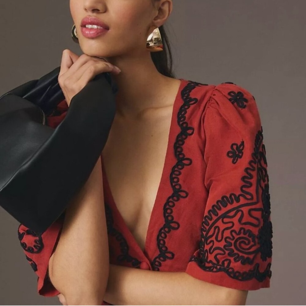 RHODE Rust Midi Dress with Black Embroidery Detailing - Picture 5 of 9
